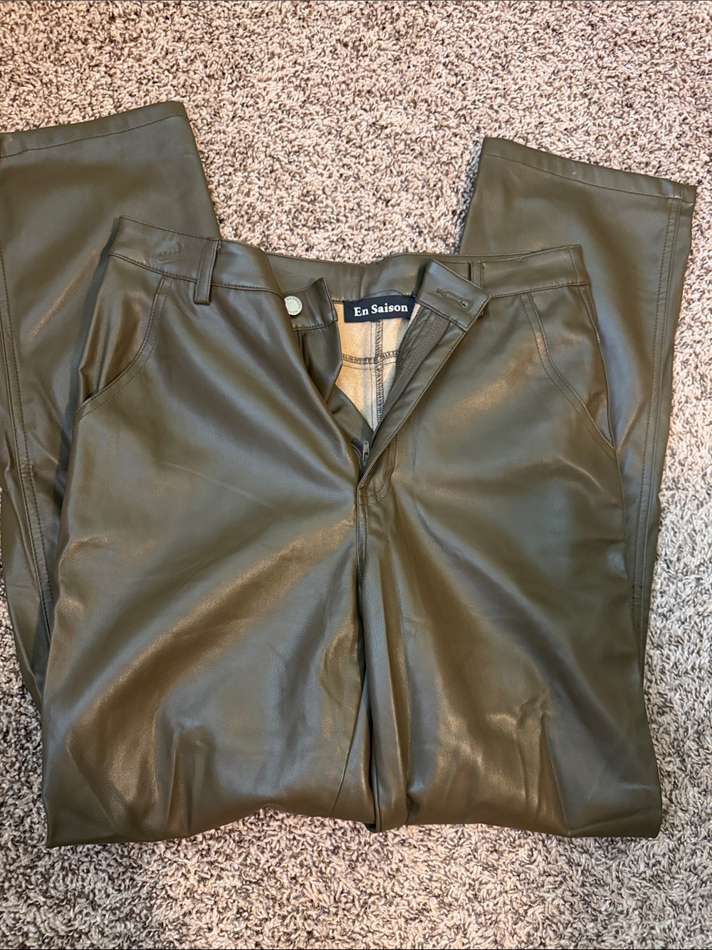 En Saison Women’s Olive Green Faux Leather Chinos
